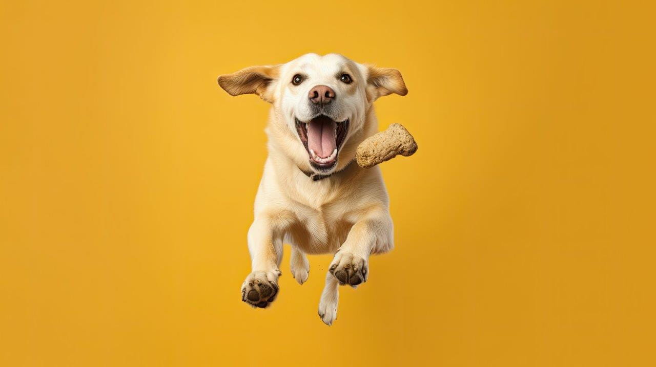 Dog jumping to an extruded treat