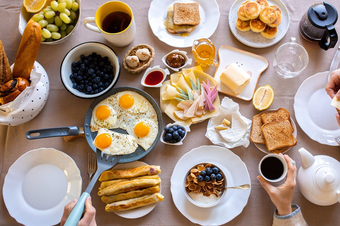 Breakfast table plant-based dairy items