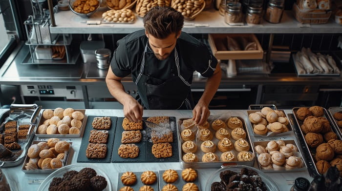 Baker making a variety of pastries