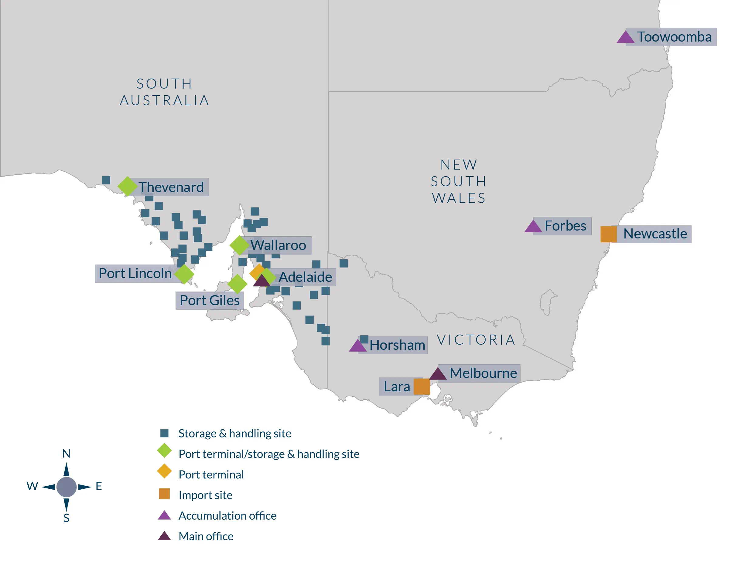 Bunge storage and handling map SA and east coast